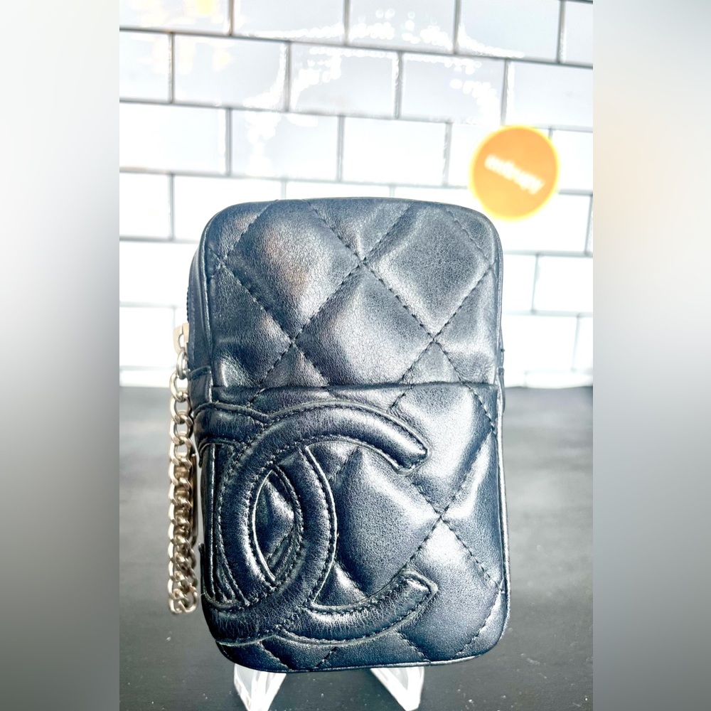 CHANEL vintage mini Ligne Cambon Black QUILTED Leather Zip belt POUCH Authentic